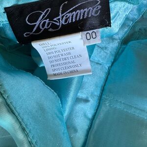 La Femme Turquoise Satin Prom Dress